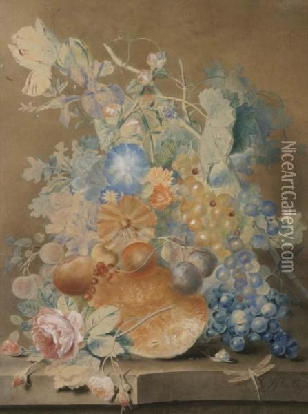 Fruits And Flowers On A Ledge Oil Painting - Georgius Jacobus J. Van Os
