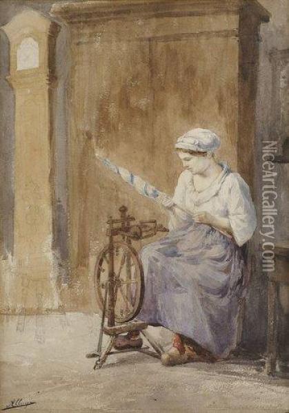 La Fileuse Oil Painting - Auguste Allonge