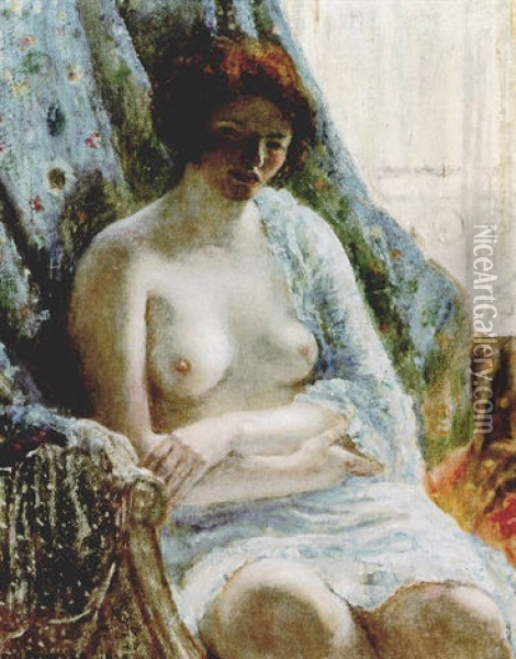 Nude In Blue Interior Oil Painting - Frederick Carl Frieseke