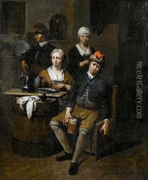A Tavern Interior With Figures Seated At Atable Drinking Oil Painting - Jan Baptist Lambrechts