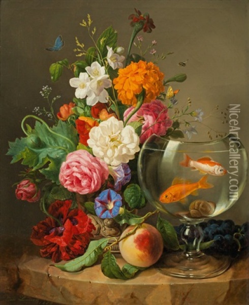 Still Life With Flowers And A Goldfish Bowl Oil Painting - Josef Lauer