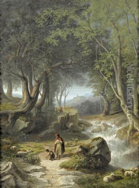 Wildbach Unter Baumen Mit Hirten Und Schafen. Oil Painting - Joseph Niklaus Butler