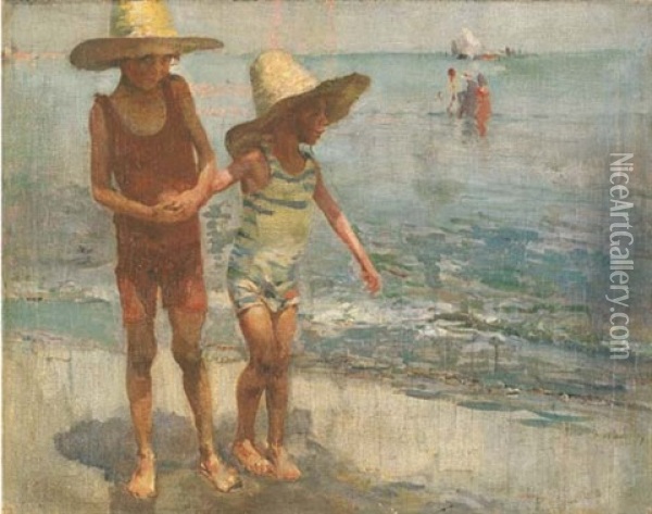 Young Playmates On The Beach Oil Painting - Jose Navarro Llorens