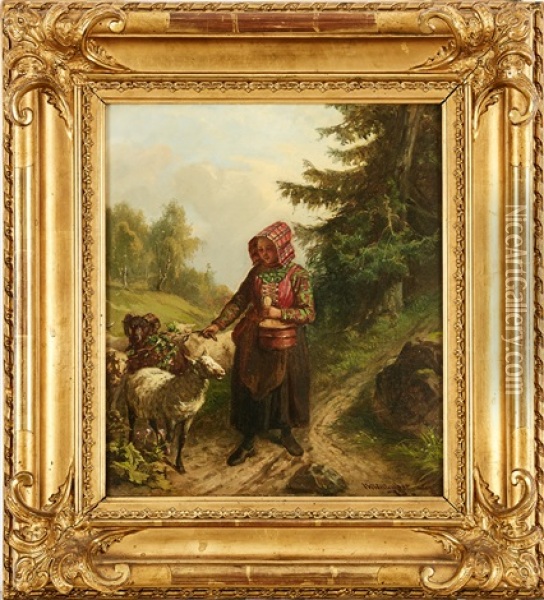 Vallflicka I Folkdrakt Oil Painting - Josef Wilhelm Wallander