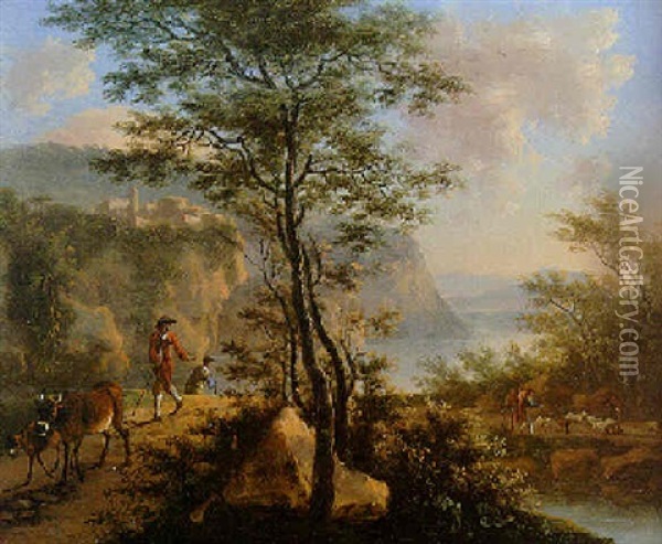 An Italianate River Landscape With Herdsmen Oil Painting - Willem de Heusch