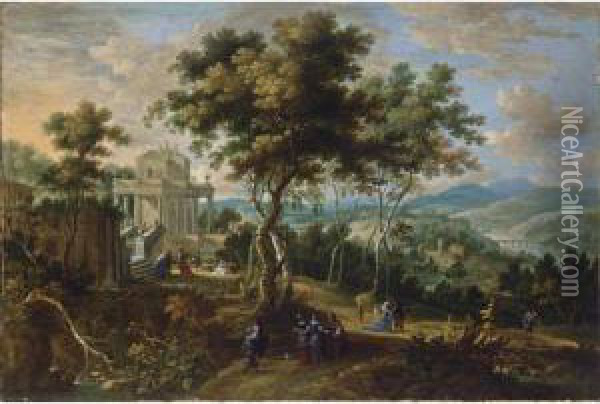 A Panoramic Classical Landscape 
With Elegant Figures Strolling And Resting Near A Palace, A View Of A 
River Beyond Oil Painting - Jasper van der Lanen