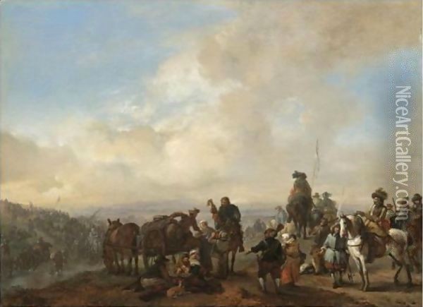 Landscape With Cavalrymen Crossing A Ford And Peasants Taking Refreshment From A Wagon Oil Painting - Philips Wouwerman