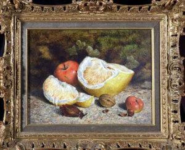 A Still-life Study Of A Lemon And Other Fruits And Nuts In A Hedgerow Setting Oil Painting - Mary Ensor