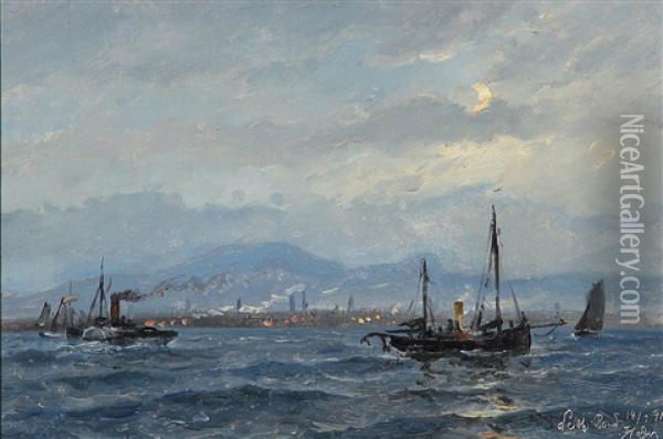 A Paddle Steamer And Sailing Ships Off The Coast Of Leith Near Edinburgh Oil Painting - Holger Henrik Herholdt Drachmann
