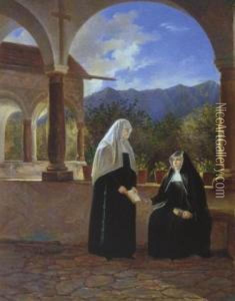Zwei Sich Unterhaltende Ordensschwestern Im Arkadengang Eines Klosters Oil Painting - Ferdinand Waldmuller