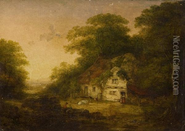 Figures And Cattle Beside A Cottage In A Wooded Landscape Oil Painting - John Dearman Birchall
