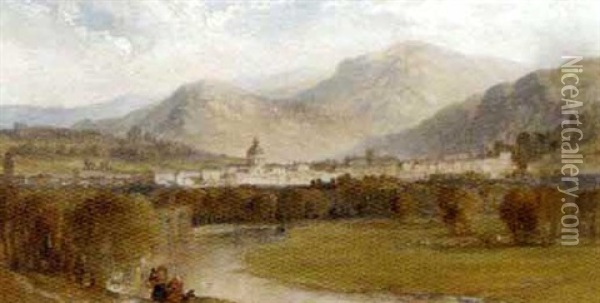 A Continental Town On The Banks Of A River Oil Painting - Arthur Joseph Meadows