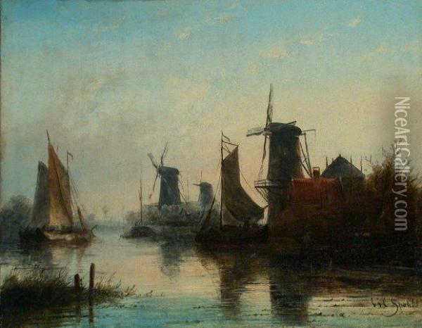 Dutch Canal Scene Oil Painting - Jan Jacob Coenraad Spohler