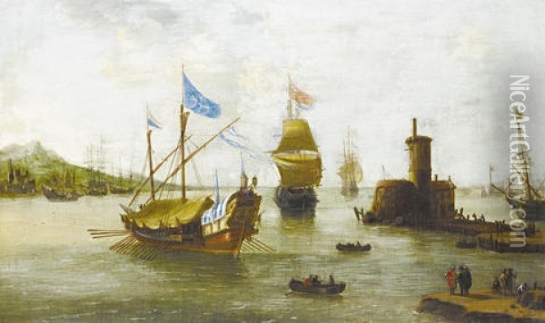 Shipping Approaching A Harbor In A Calm Oil Painting - Jan Peeters the Elder