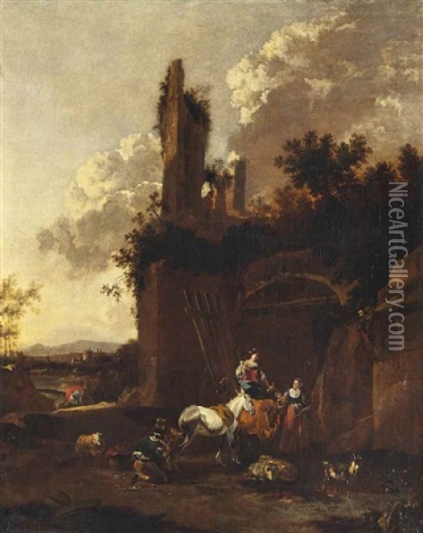 An Italianate Wooded Landscape With A Black Smith Shoeing A Horse And Other Figures Near A Ruined City Gate Oil Painting - Johannes van der Bent