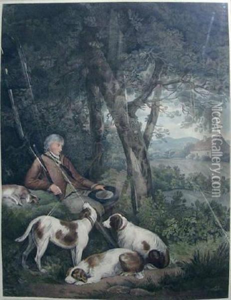 After George Morland , 'the Weary Sportsman And Shepherds Reposing', Handcoloured Engravings, 56cm X 41cm Plate, Framed Oil Painting - William Bond