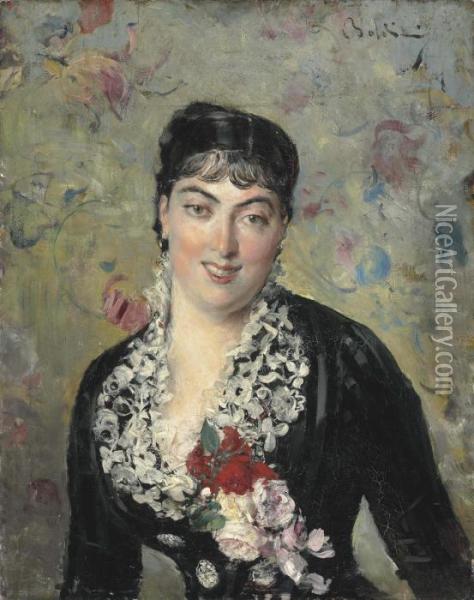 Portrait De Femme Au Bouquet De Roses Oil Painting - Giovanni Boldini
