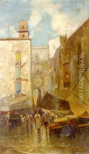 An Italian Market Oil Painting - Oscar Ricciardi