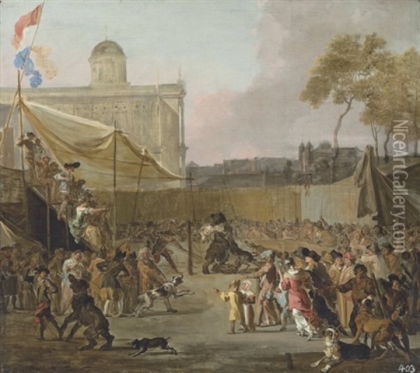 A Crowd Watching Bear-baiting In A Town Square Oil Painting - Abraham Danielsz Hondius