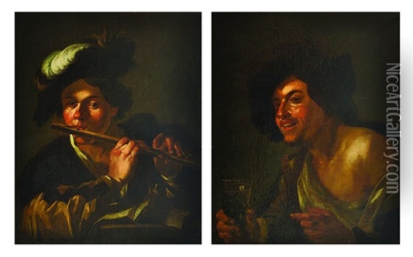 Piper, Drinker (pair) Oil Painting - Dirck Van Baburen
