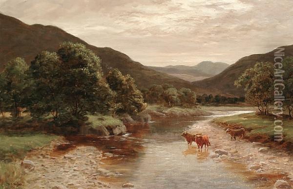 Cattle In A River Landscape Oil Painting - William Scott Myles