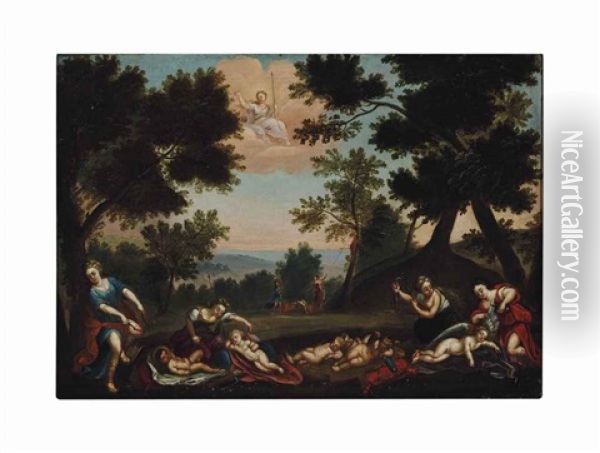 Sleeping Cupids Disarmed By The Nymphs Oil Painting - Francesco Albani