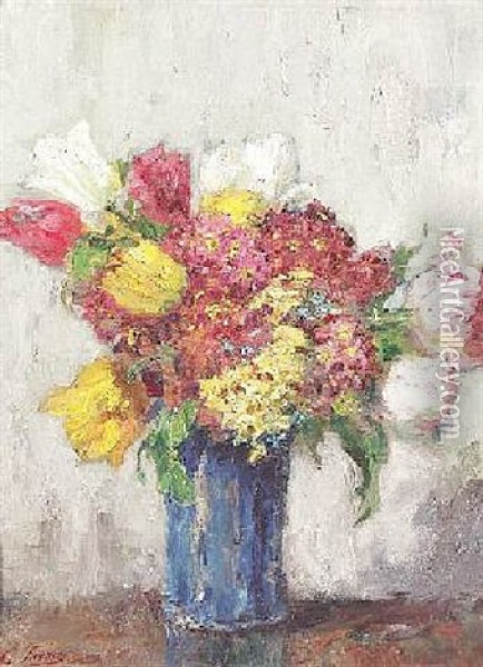 Blumenstilleben Mit Tulpen In Einer Blauen Vase Oil Painting - Karl von Fischer
