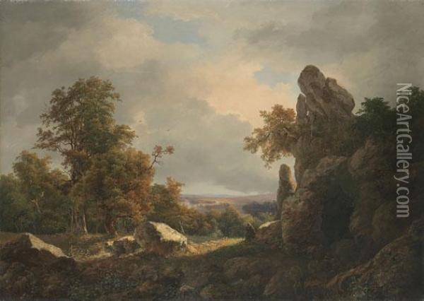 Felsige Landschaft Mit Sinnendem Monch Oil Painting - Julius Steinkopf