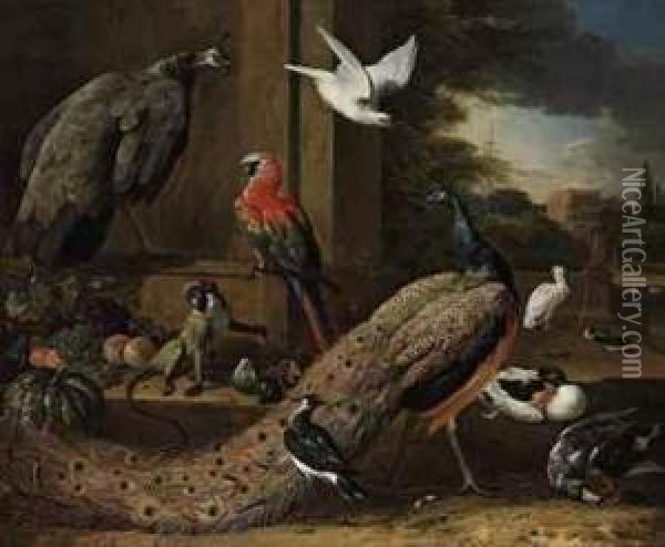 A Peacock, A Peahen, A Monkey And Other Birds On A Terrace Oil Painting - Melchior de Hondecoeter