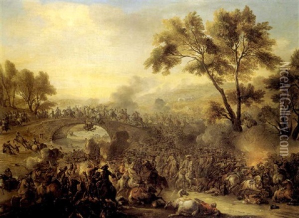 Scene De Choc De Cavalerie Pres D'un Pont Oil Painting - Charles Parrocel