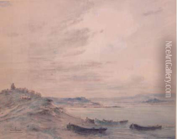 Paysage Aux Barques Et Au Troupeau De Moutons Oil Painting - Henri Boreau
