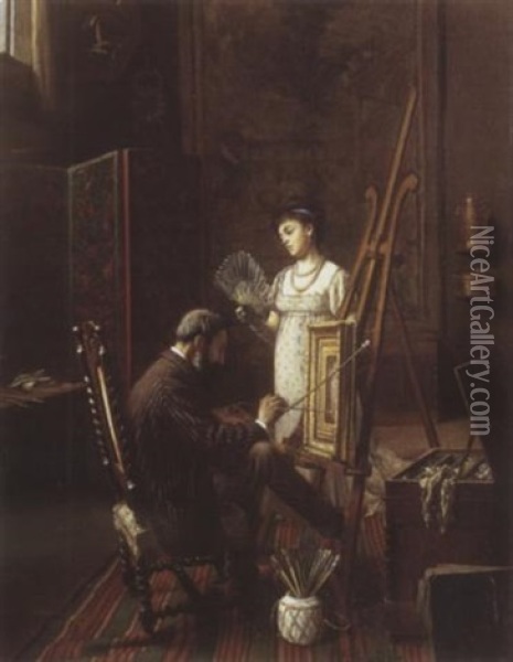 Le Peintre Et Son Modele Dans L'atelier Oil Painting - Edmond Georges Grandjean