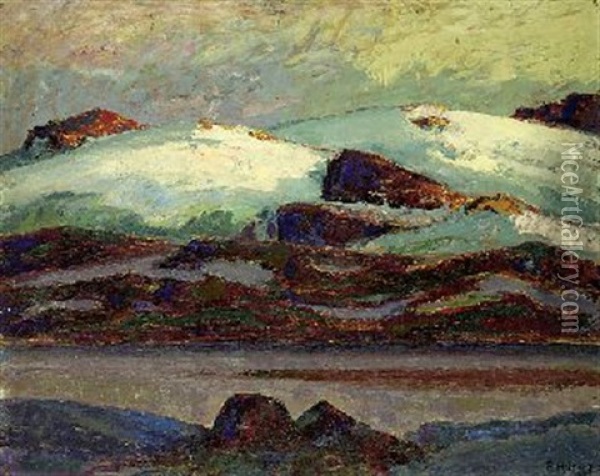 Norwegische Winterlandschaft (+ Zwei Frauen Vor Norwegischer Landschaft, Verso) Oil Painting - Alfred Hermann Helberger