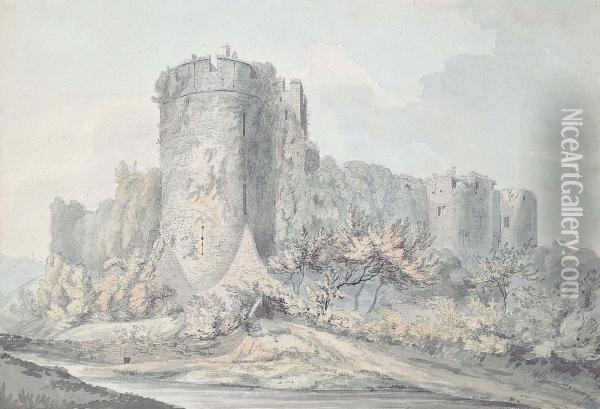 Ruined Castle Viewed From Below; And Ruins Beside A River Oil Painting - William Day