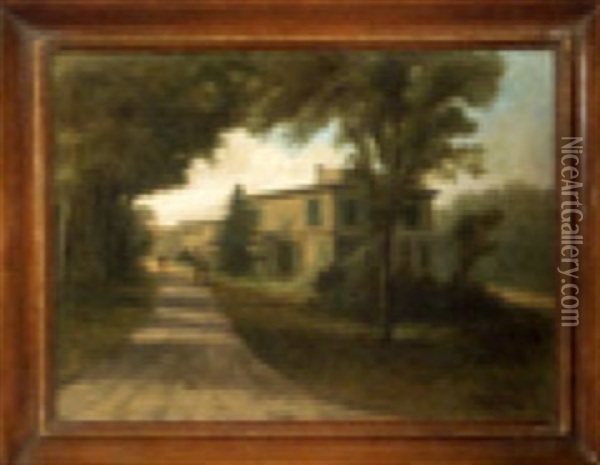 House Portrait With Figures Walking Down A Road Oil Painting - William Stone