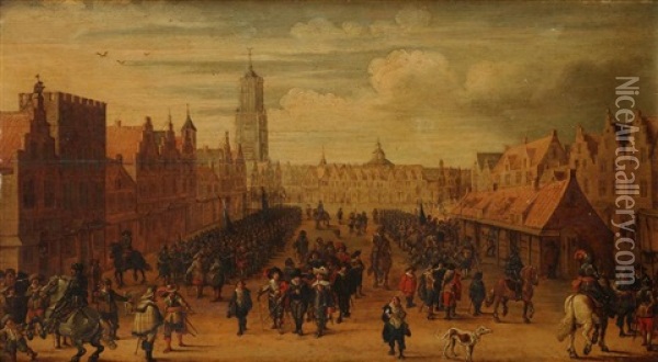 Utrecht, 31 Juillet 1618 : Les Mercenaires De Johan Van Oldenbarneveldt Remettent Leurs Armes A Maurice De Nassau Oil Painting - Joost Cornelisz. Droochsloot