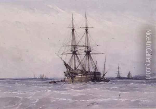 Brig at Anchor and Boats alongside Oil Painting - William Callow