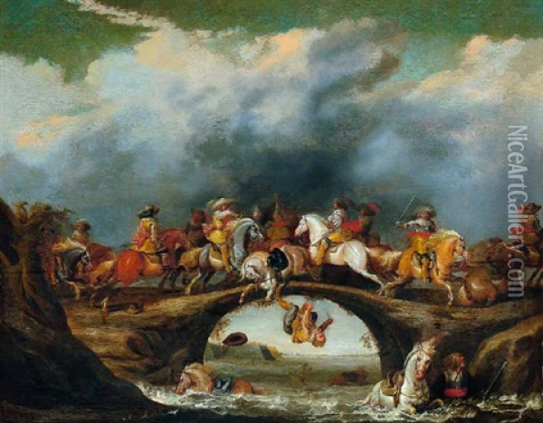 Reiterschlacht Auf Einer Brucke Oil Painting - Pieter Meulener