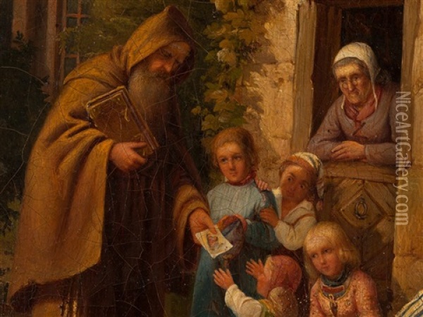 Monk With Children Oil Painting - Philipp Herrlich