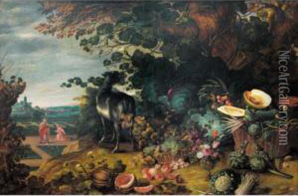 An Extensive Landscape With An Exotic Array Of Flowers, Fruit And Vegetables With A Goat By A Tree; A Scene Depicting 'noli Me Tangere