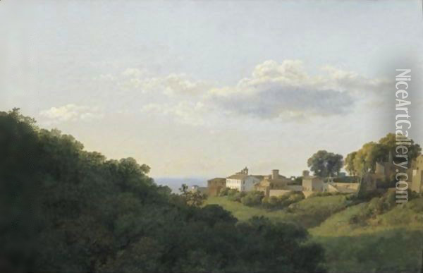 An Afternoon View Of The Town Of Marino Wih The Forest Beyond Oil Painting - Jean-Joseph-Xavier Bidauld