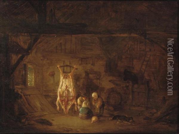 A Barn Interior With A Slaughtered Pig, Children Playingnearby Oil Painting - Isaack Jansz. van Ostade
