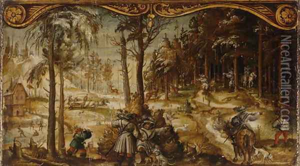 Fox and Stag Hunt in the Winter, c. 1525-26 Oil Painting - Hans Wertinger