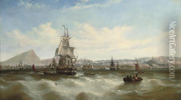 A Merchantman Preparing To Leave
 Her Anchorage Amidst Othershipping Off Leith, With A Panorama Of 
Edinburgh Beyond Oil Painting - William Adolphu Knell