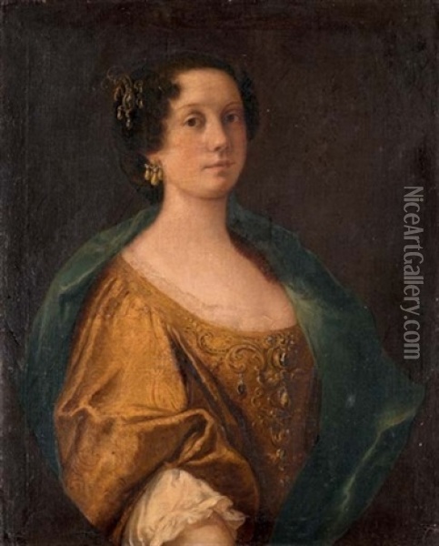 Portrait Of A Noblewoman In A Jeweled Silk Dress And Green Shawl Oil Painting - Anton Domenico Gabbiani