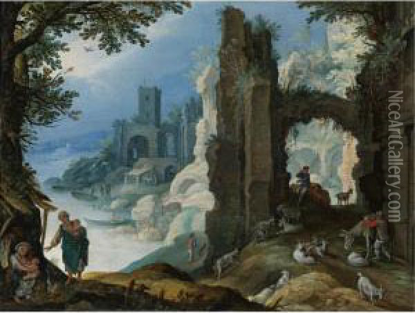 Figures In A Landscape With Ruins Oil Painting - Paul Bril