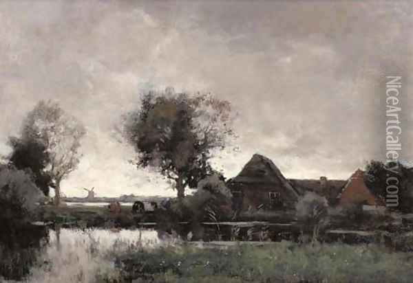A polder landscape with a farm at dusk Oil Painting - Theophile Emile Achille De Bock