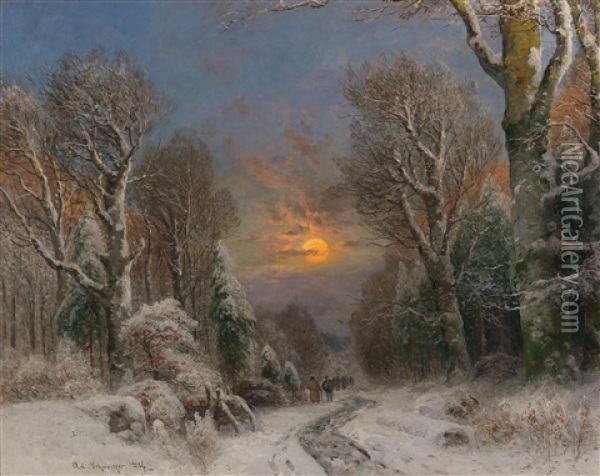 Moonlit Night In Winter Oil Painting - Adolf Gustav Schweitzer