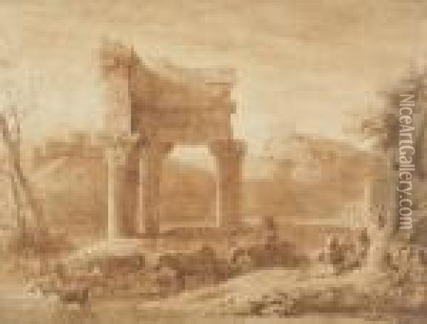 Drovers Amidst Classical Ruins Oil Painting - Claude Lorrain (Gellee)