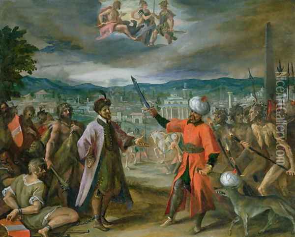Allegory of the Turkish Wars- The Declaration of War at Constantinople, 1603-04 Oil Painting - Hans Von Aachen